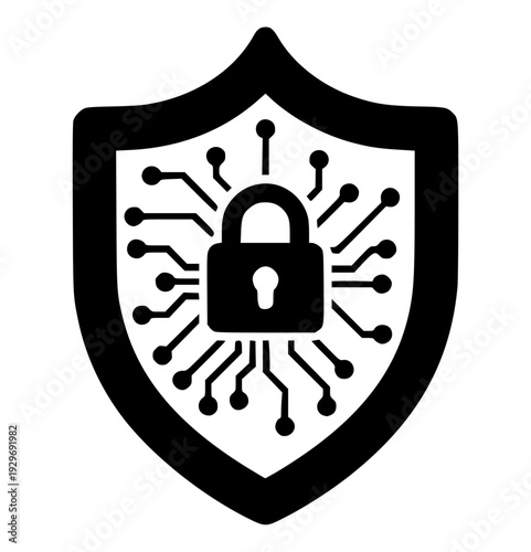 Black Cybersecurity Shield with Padlock and Circuit Board Vector Icon isolated PNG with Transparent Background