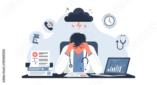 Healthcare Professional Burnout Syndrome. Stressed Doctor Overwhelmed by Workload, Time Pressure, and Mental Health Challenges.