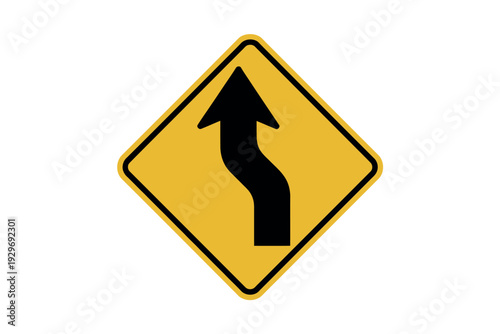 Yellow road sign with black arrow indicating curve ahead on highway or street