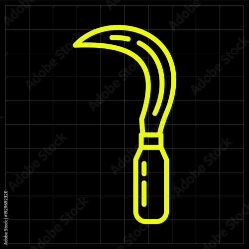 Traditional Sickle Farming Tool Neon Yellow Line Art Icon Design. sickle icon perfect for agricultural education, traditional farming websites, or harvest-themed digital application interfaces