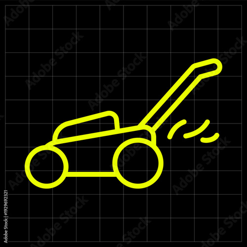 Electric Lawnmower Neon Yellow Outline Icon for Garden Care Service. Modern neon yellow lawnmower icon ideal for landscaping business websites, gardening mobile apps, home maintenance service graphics