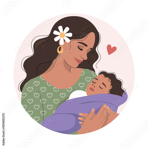 A serene mother with a flower in her hair lovingly gazes at her sleeping swaddled baby