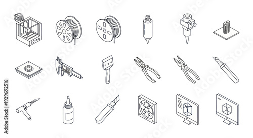 Foto 3D Printing Tools and Equipment Icons Set - Isometric Line Art