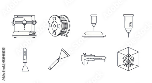 3D Printing Technology Icons: Printer, Filament, Tools, and Design