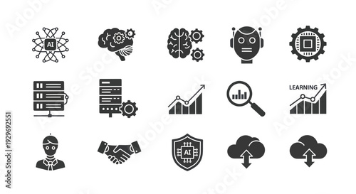AI and Technology Icons Set: Brain, Robot, Cloud, Data, Business