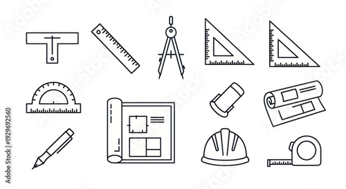 Architecture and Engineering Tools Icons: Blueprint, Hard Hat, Ruler, Compass, Protractor