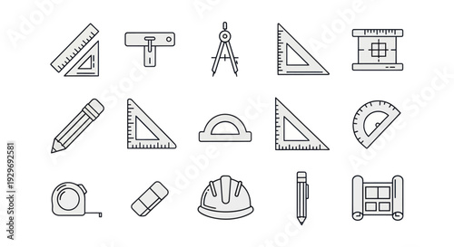Architectural Tools Icons: Ruler, Compass, Pencil, Hard Hat, Blueprint