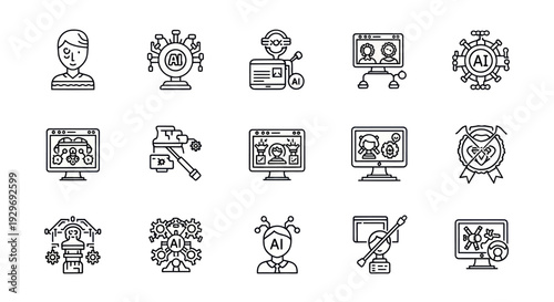 Artificial Intelligence Icons: Human, Network, Computer, Technology & Innovation