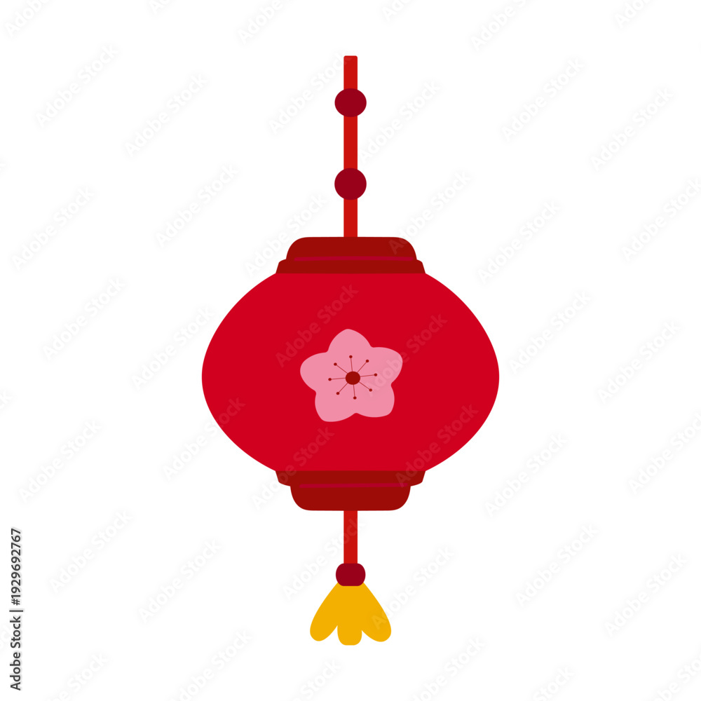 Obraz premium Red Chinese lantern with cherry blossom, flat vector illustration, perfect for Lunar New Year celebrations.
