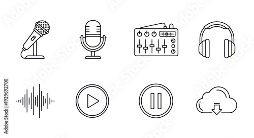 Audio Icons: Microphone, Mixer, Headphones, Sound Wave, Play, Pause, Download Cloud