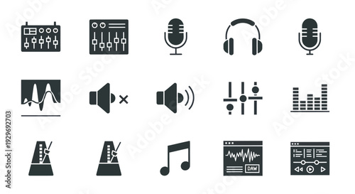 Audio Production Icons: Mixer, Microphone, Headphones, Sound Wave, Metronome