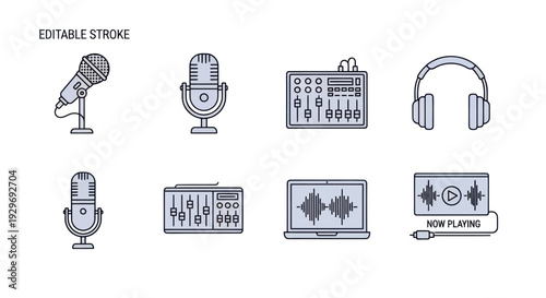 Audio Production Icons: Microphones, Mixer, Headphones, Laptop, Sound Waves
