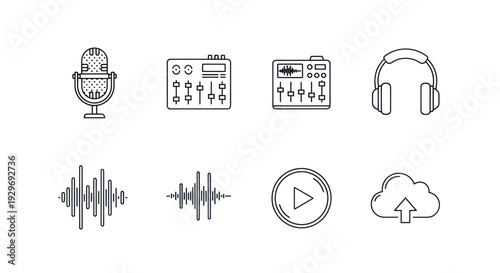 Audio Recording Icons: Microphone, Mixer, Headphones, Soundwave, Play, Cloud Upload