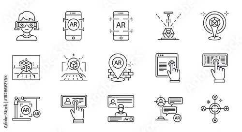 Augmented Reality Icon Set: AR Technology, Virtual World, Digital Interface
