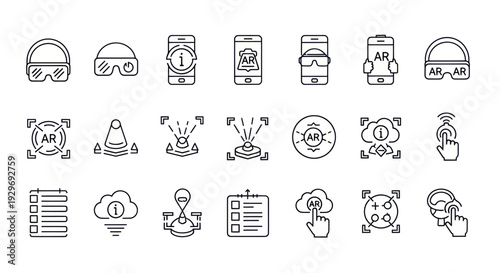 Augmented Reality Icons Set: VR Glasses, Smartphone AR App, Interaction, Cloud, List