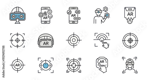Augmented Reality Icons Set: VR Headset, AR App, Target and Hand Interaction