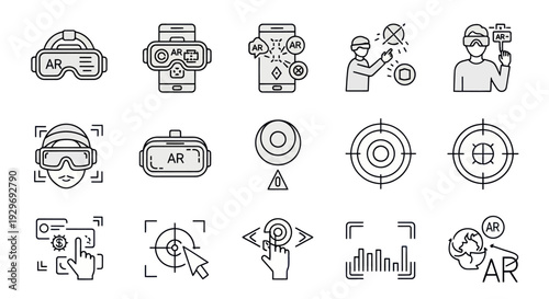 Augmented Reality Icons Set: VR Headset, Smartphone AR App, User Interaction