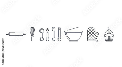 Baking Tools and Cupcake Icons Set Vector Graphic