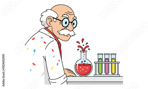 Cartoon Scientist Looking at Bubbling Flask and Test Tubes in Lab