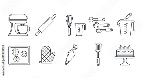 Baking Tools and Utensils Line Art Icons Set - Kitchenware and Cooking Equipment