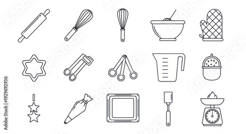 Baking Tools Icons Set: Rolling Pin, Whisk, Bowl, Oven Mitt, Cookie Cutter