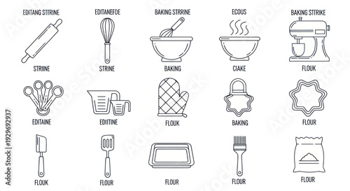 Baking Utensils and Ingredients Icons Set: Cooking Tools and Flour Bag