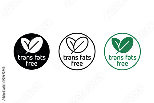 Trans fats free food labels, logos, icons, healthy eating, nutrition symbols, green, black, white