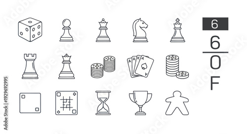 Board Game Icons and Symbols Collection: Dice, Chess, Cards, Trophy, Hourglass