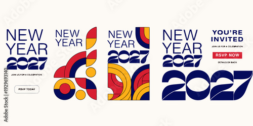 New Year 2027 Invitation Banners – Modern Abstract Event Designs, Colorful Celebration Graphics & RSVP Templates for Festive Holiday Parties and Promotional Campaigns