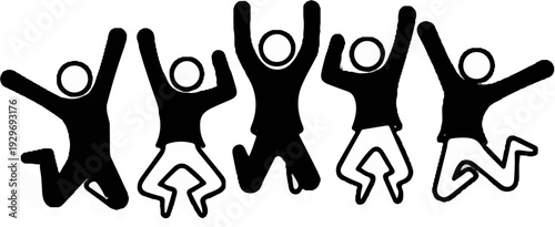 Five simple stick figures are joyfully jumping in unison