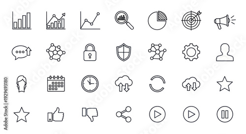 Business Icons Set: Graphs, Analytics, Security, Social Media, Cloud, Time, Strategy