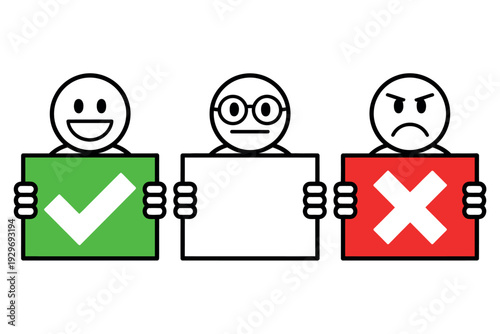 Cartoon characters holding signs yes no maybe