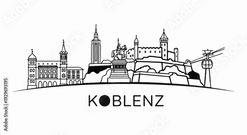 Black and white line drawing of a cityscape featuring prominent buildings, a statue, and a cable car