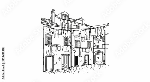 An artistic sketch of buildings with laundry hanging on clotheslines between them