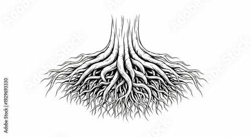 Detailed ink drawing of a tree's thick, branching roots spreading outward against a white background