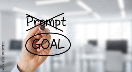 Man hand drawing goal vs prompt on transparent wipe board focus on AI agentic shift for technological advancement illustration.