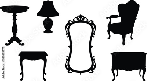 Vintage furniture silhouettes including table, lamp, mirror and armchair in classic antique style isolated on white background