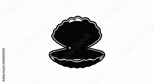 A black and white graphic of an open seashell with a white outline