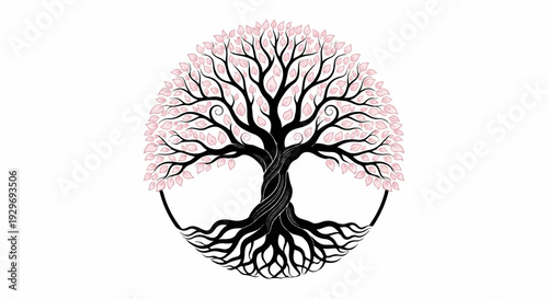 Black and white tree with pink leaves encircled by roots