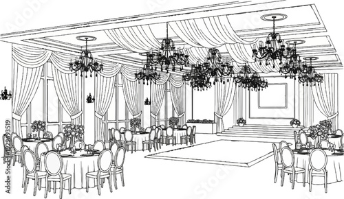 Elegant ballroom interior with draped curtains, chandeliers, and set tables