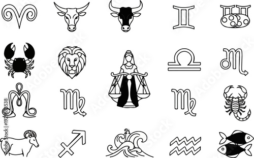 A grid display of zodiac symbols, creatures, and astrological figures
