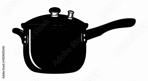 A simple black silhouette of a lidded pot with a long handle and two small handles