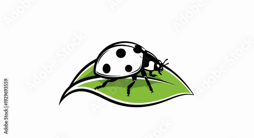 Stylized ladybug with black spots perched on a vibrant green leaf