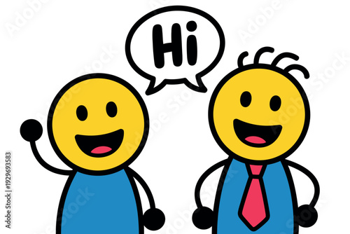 Two cartoon characters saying hi with smiling faces and colorful outfits on white background