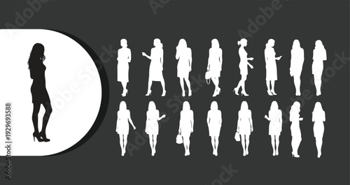 Collection of diverse female silhouettes in various poses and outfits