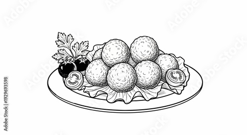 A black and white illustration of a plate of round, textured meatballs with tomatoes and greens