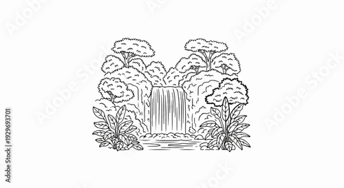 A lush jungle scene with a cascading waterfall surrounded by trees and foliage