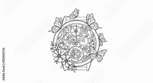 Intricate clockwork adorned with blooming flowers and delicate butterflies