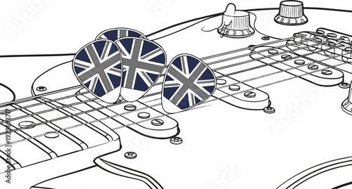 Guitar with Union Jack picks, close-up on strings, fretboard, and knobs