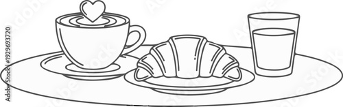 A cup of coffee with heart, croissant, and glass of milk on a tray